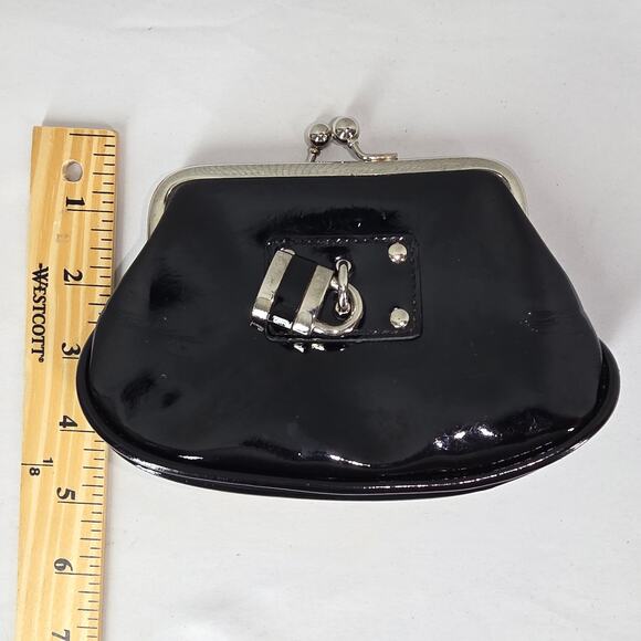 BLACK FAUX PATENT LEATHER CLUTCH PURSE W/ LOCK CHARM, BOTTOM ZIP POCKET – 7"x4" - Picture 8 of 8